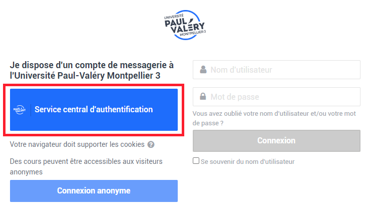 Page de connexion de Moodle
